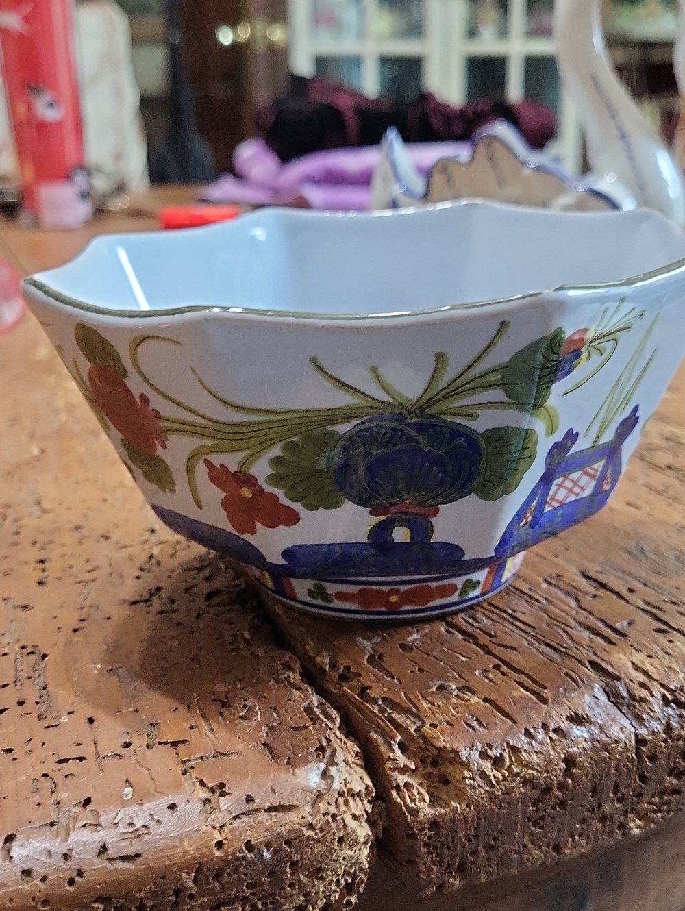 Hand-Painted Italian Faenza Porcelain Bowl With Ladel